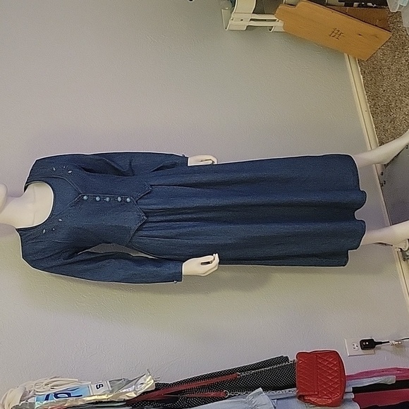 VTG STUART ALAN 1980s Western Colonial Chambray Denim Tie Back 2Fer Dress - Picture 2 of 11